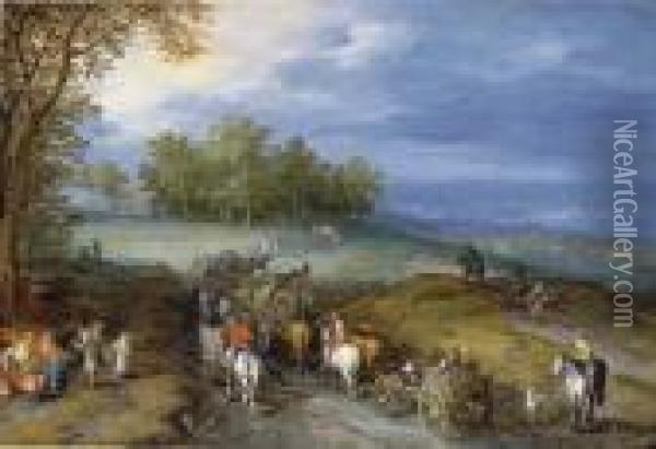 A Extensive Open Landscape With Travellers On A Path Oil Painting - Jan The Elder Brueghel