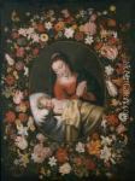 M Schlafenden Kind In Einem Blumenkranz. Ol Auf Leinwand. H 109; B 84 Cm Oil Painting - Jan The Elder Brueghel