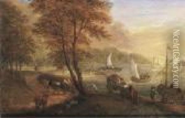 A River Landscape With Travellers On A Path, Shipping Beyond Oil Painting - Jan The Elder Brueghel
