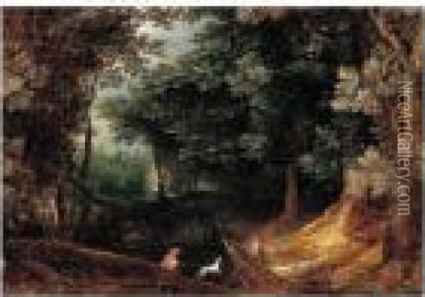 A Wooded Landscape With Sportsmen Oil Painting - Jan The Elder Brueghel