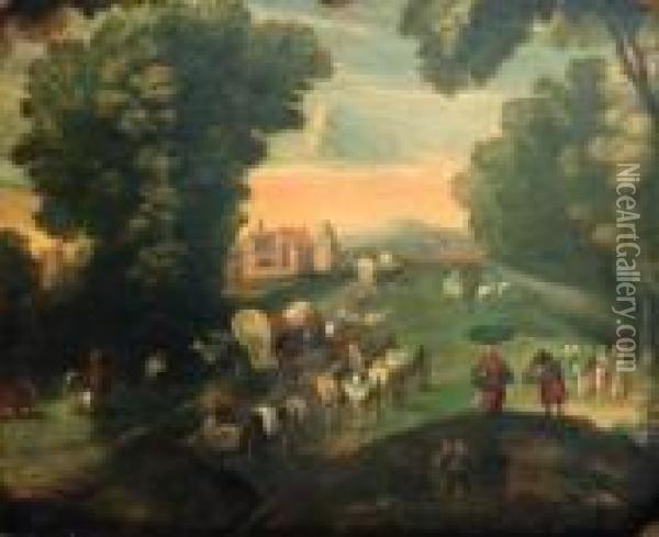 Peasants And Travellers On A Road By A Fortified Mansion Oil Painting - Jan The Elder Brueghel