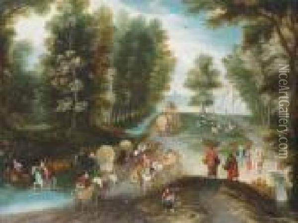Reisende Mit Planwagen In Einer Waldlandschaft An Einer Furt Oil Painting - Jan Brueghel the Younger