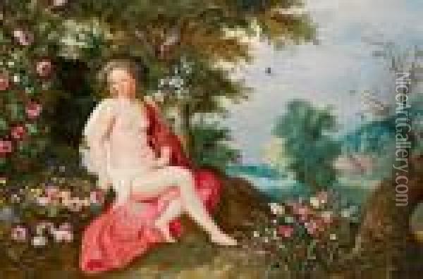 Flora Seduta In Un Paesaggio Boschivo Con Molti Fiori Oil Painting - Jan Brueghel the Younger