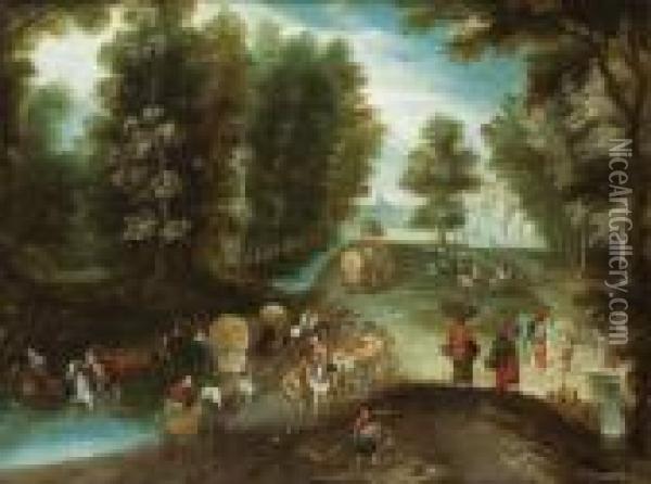Viaggiatori Con Carro Coperto In Un Paesaggio Boschivo Presso Un Guado Oil Painting - Jan Brueghel the Younger
