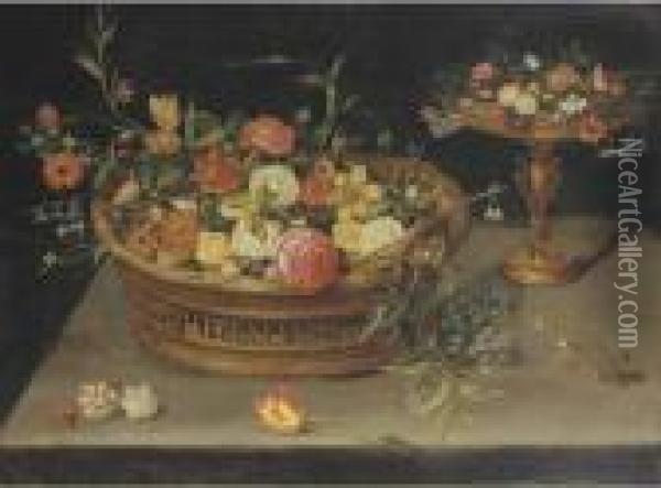 Roses, Peonies, Tulips, Narcissi, Carnations, Poppies And Other Flowers In A Basket Oil Painting - Jan Brueghel the Younger