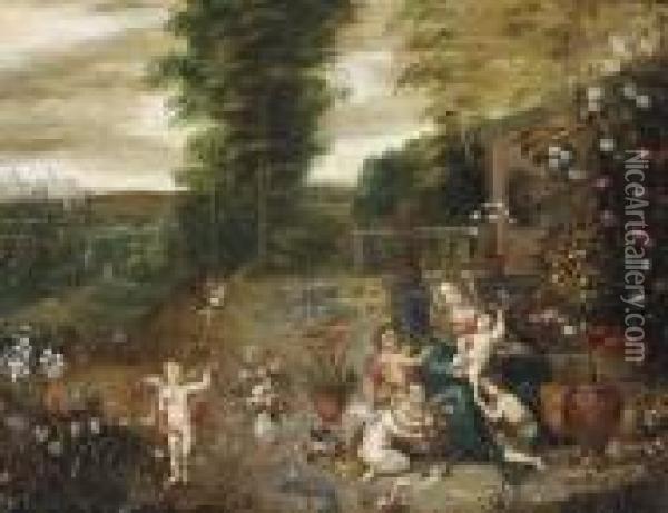 The Madonna And Child Seated In A Garden With The Infant Saint Johnthe Baptist And Putti Oil Painting - Jan Brueghel the Younger