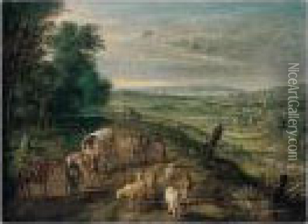 An Open Landscape With Waggoners And Drovers On A Track, A Town Beyond Oil Painting - Jan Brueghel the Younger