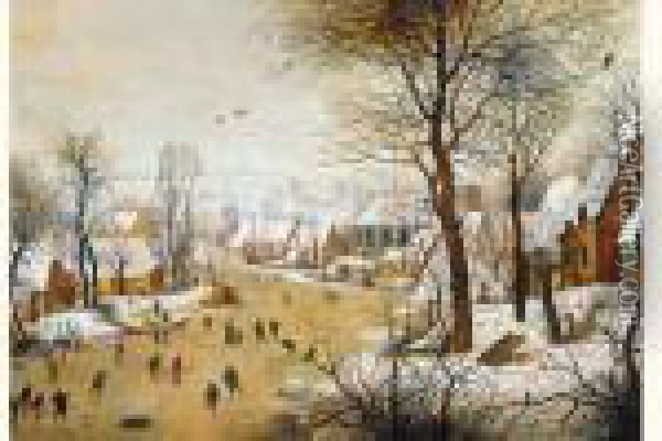 Winterlandschap Met Schaatsers En Vogelknip Oil Painting - Pieter The Elder Brueghel
