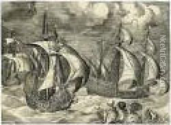 Three Men Of War In A Tempest, Sailing To Right (hollstein 105; Lebeer 48) Oil Painting - Pieter The Elder Brueghel