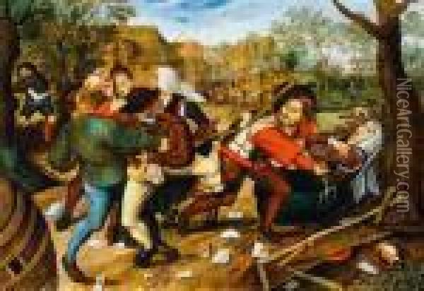 Peasants Brawling Over A Card Game. 1620. Oil Painting - Pieter The Younger Brueghel