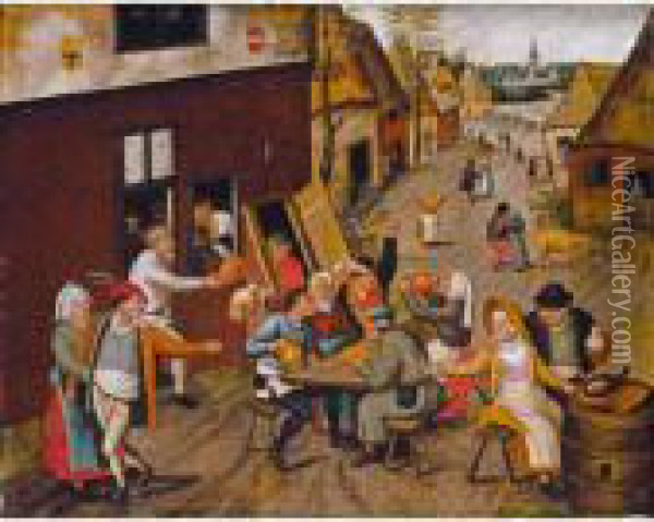 Peasants Making Merry Outside A Tavern 'the Swan' Oil Painting - Pieter The Younger Brueghel