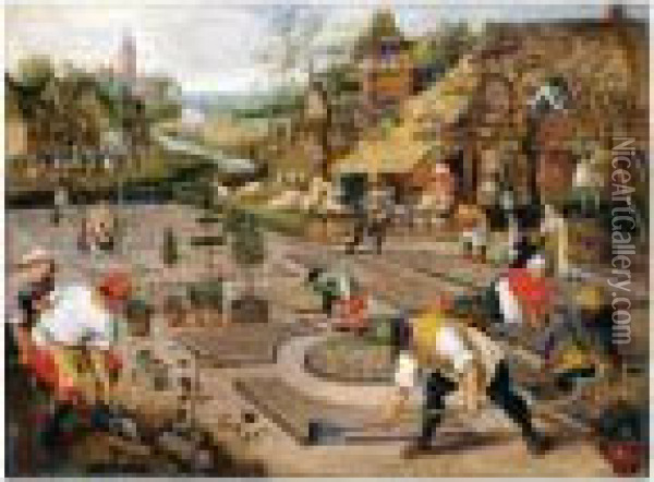 Spring: Gardeners Digging And Planting A Formal Garden Oil Painting - Pieter The Younger Brueghel