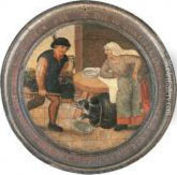 'to Find The Dog In The Pot' - A Flemish Proverb Oil Painting - Pieter The Younger Brueghel