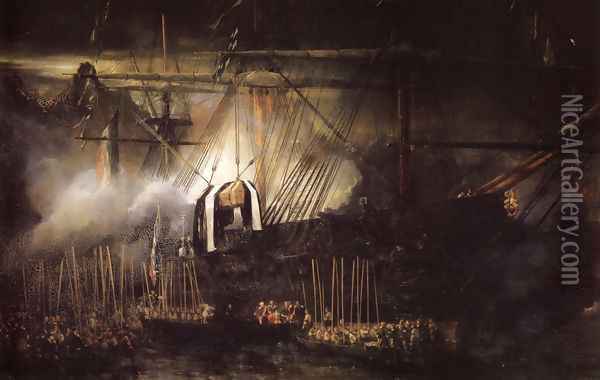 Transfer of Napoleon's ashes on board of the Belle Poule, 15 october 1840 Oil Painting - Eugene Isabey