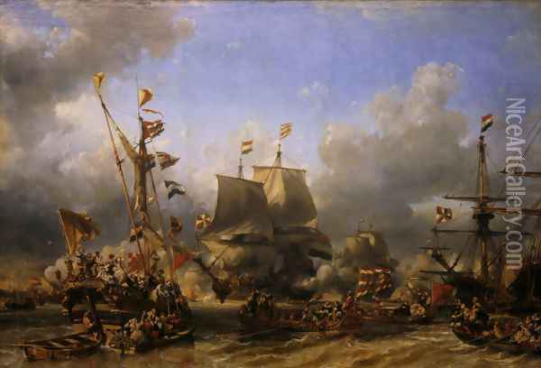 Embarkment of de Ruyter and de Witt at Texel, 1667 Oil Painting - Eugene Isabey