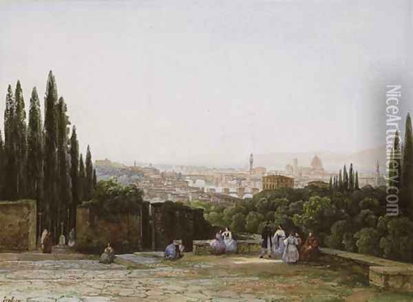 View of Florence from the Boboli Gardens with the Ponte Vecchio and the Palazzo Vecchio, and the dome of Santa Maria del Fiore Oil Painting - Eugene Isabey