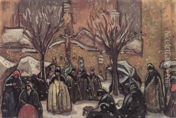 Market of Kecskemet in Winter 1911 Oil Painting - Bela Ivanyi Grunwald