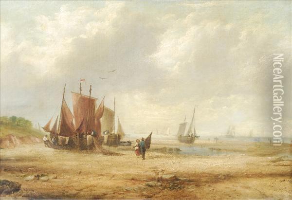 Beached Boats Atlow Tide Oil Painting - William Callow