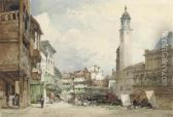The Market Square And Palazzo Regione, Padua, Italy Oil Painting - William Callow