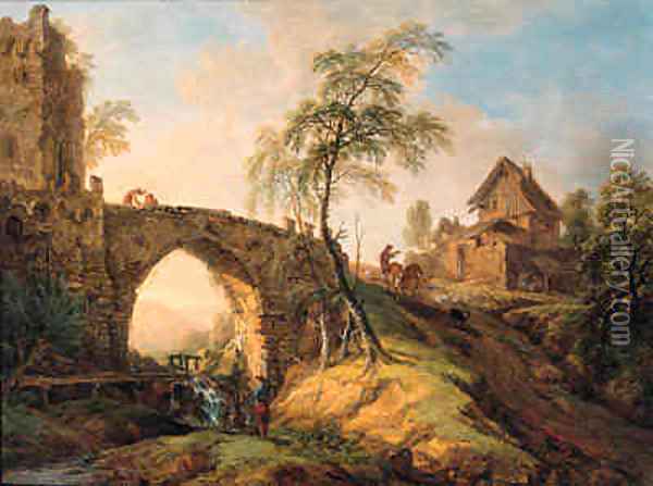 Travellers on a stone bridge waving Oil Painting - Christian Georg Schuttz II