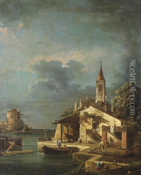 A Capriccio With A House And Tower On Thelagoon Oil Painting - (Giovanni Antonio Canal) Canaletto