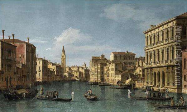 The Grand Canal, Venice, Looking
 North-west From The Ca' Corner Tothe Ca' Contarini Degli Scrigni, With 
The Campanile Of Santa Mariadella Oil Painting - (Giovanni Antonio Canal) Canaletto