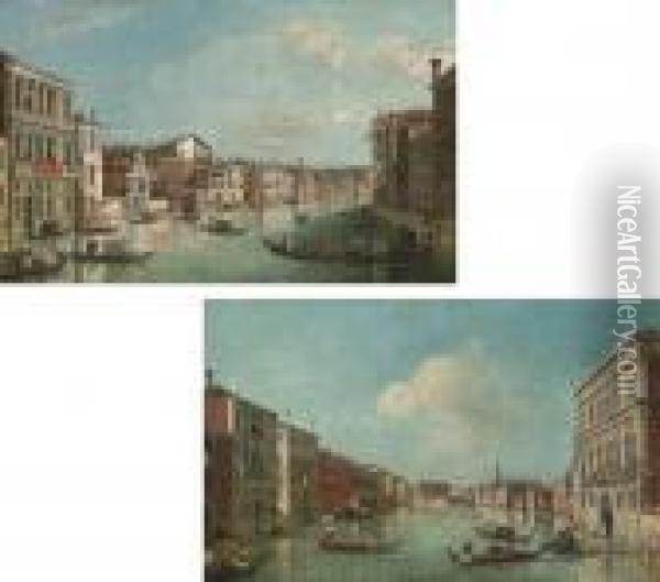 The Grand Canal, Venice, Looking
 East From The Palazzo Flanginitowards San Marcuola; The Grand Canal, 
Venice, Looking North Westfrom The Palazzo Vendramin-calergi Towards San
 Geremia And Thepalazzo Flangini Oil Painting - (Giovanni Antonio Canal) Canaletto