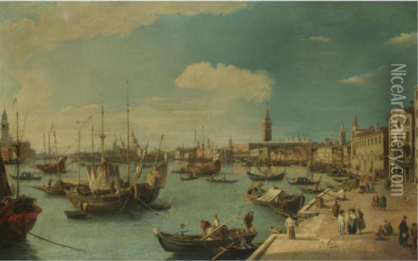 Venice, A View Along The Riva 
Degli Schiavoni Looking West With The Dogana And The Church Of Santa 
Maria Della Salute In The Distance, And The Church Of San Giorgio 
Maggiore At The Extreme Left Oil Painting - (Giovanni Antonio Canal) Canaletto