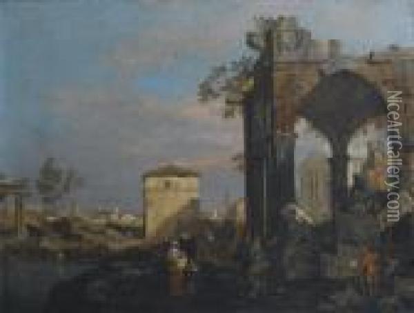 Capriccio Di Rovine Con Elementi Decorativi Di Padova E Figure Sullo Sfondo Oil Painting - (Giovanni Antonio Canal) Canaletto