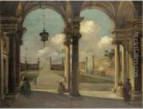 A Venetian Capriccio View Of A Garden With Elegant Figures Under A Portico Oil Painting - (Giovanni Antonio Canal) Canaletto