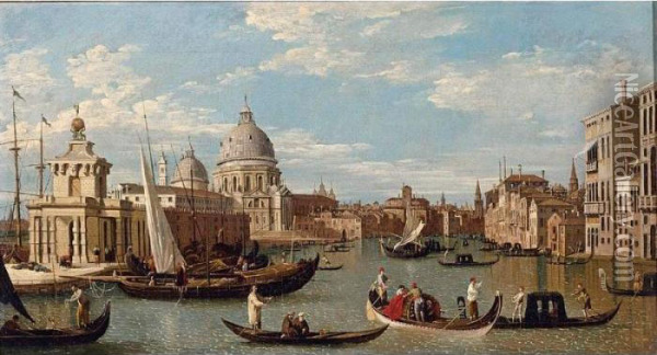 View Of The Grand Canal And 
Santa Maria Della Salute With Boats And Figures In The Foreground, 
Venice Oil Painting - (Giovanni Antonio Canal) Canaletto