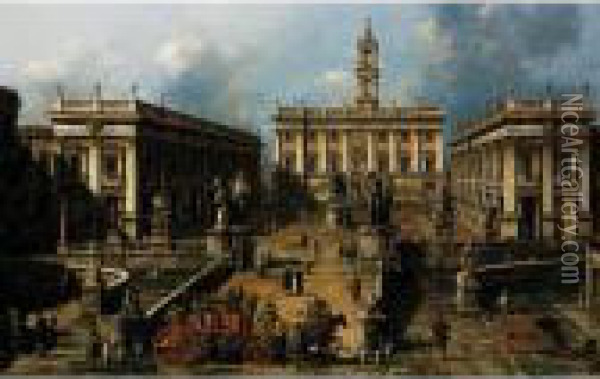 Rome, The Piazza Del Campidoglio And The Cordonata Oil Painting - (Giovanni Antonio Canal) Canaletto