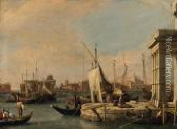 The Quay Of The Dogana And The 
Giudecca Canal, Venice, The Churchesof San Giovanni Battista And The 
Zitelle Beyond Oil Painting - (Giovanni Antonio Canal) Canaletto