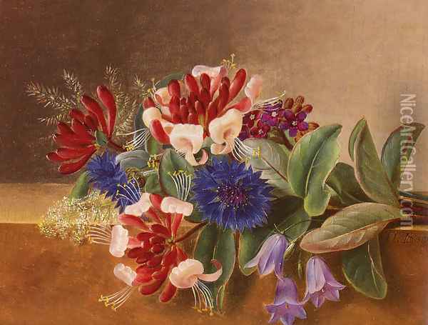 A Still Life with Honeysuckle, Blue Cornflowers and Bluebells on a Marble Ledge Oil Painting - Johan Laurentz Jensen