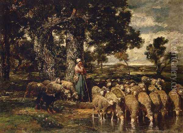 A Shepherdess with Her Flock Oil Painting - Charles Emile Jacque