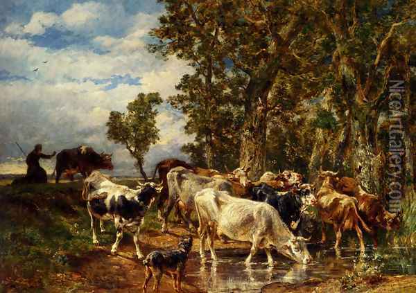 Troupeau De Vaches A L'Abreuvoir Oil Painting - Charles Emile Jacque