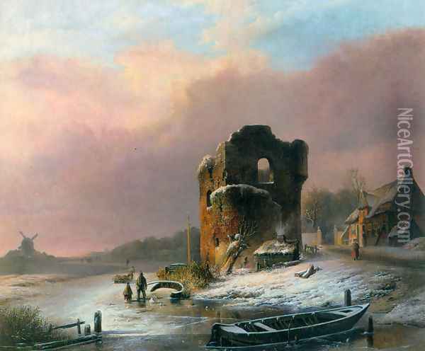 Winter Landscape with Frozen River Oil Painting - Pieter Hendrik Jonxis