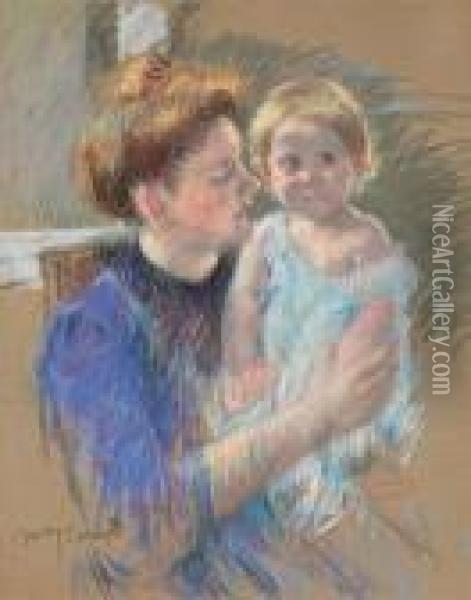 Mother In Purple Holding Her Child Oil Painting - Mary Cassatt
