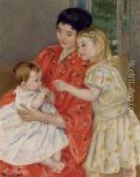 Mother And Sara Admiring The Baby Oil Painting - Mary Cassatt