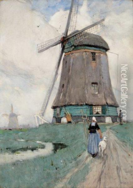 Hollandaise Devant Un Moulin Hollandais Oil Painting - Hendrick, Henri Cassiers