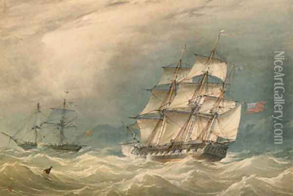A frigate and other shipping off a rocky coast Oil Painting - William Joy