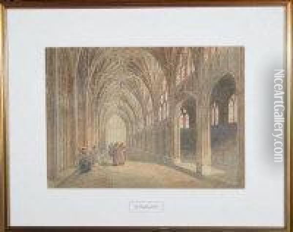 Monks In A Vaulted Cloister Oil Painting - George Cattermole