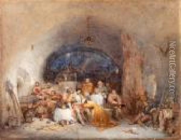 Figures Sheltering In A Castle Vault Oil Painting - George Cattermole