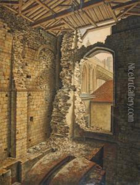Finished Study Of The Internal Structure Of A Large Cathedral Oil Painting - George Cattermole