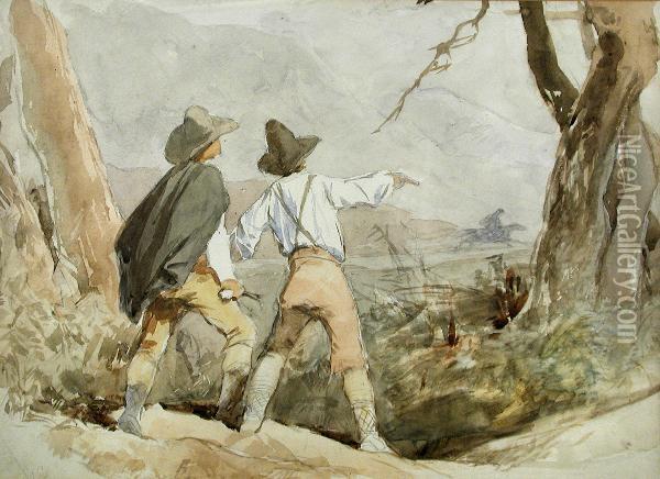 Two Boys Shooting Pistols In A Landscape Oil Painting - George Cattermole