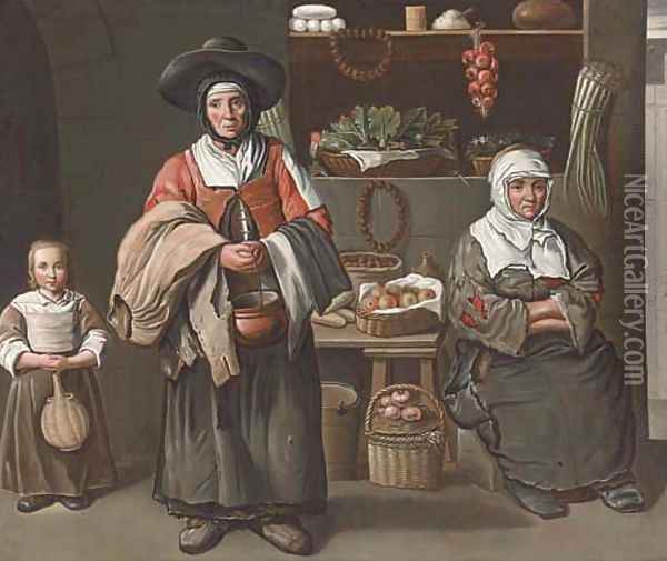 A young girl, a woman and an elderly woman selling vegetables, fruit, bread, nuts and wine Oil Painting - The Maitre Des Jeux