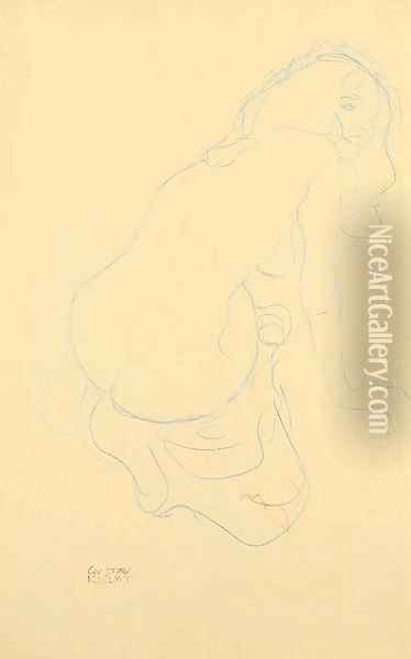Kauernder Akt nach rechts mit langen Haaren Oil Painting - Gustav Klimt