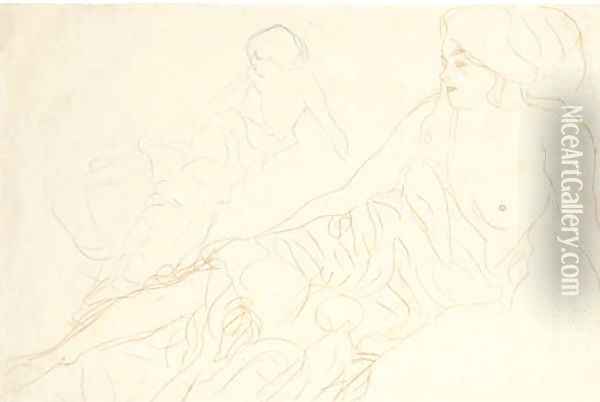 Aufgestuttzt Liegende, links Wiederholung Oil Painting - Gustav Klimt