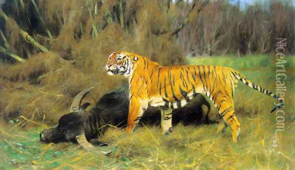A Tiger with its Prey Oil Painting - Wilhelm Kuhnert