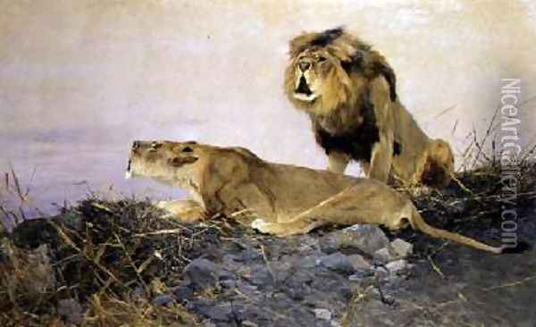 Lion and Lioness on a Rocky Outcrop Oil Painting - Wilhelm Kuhnert